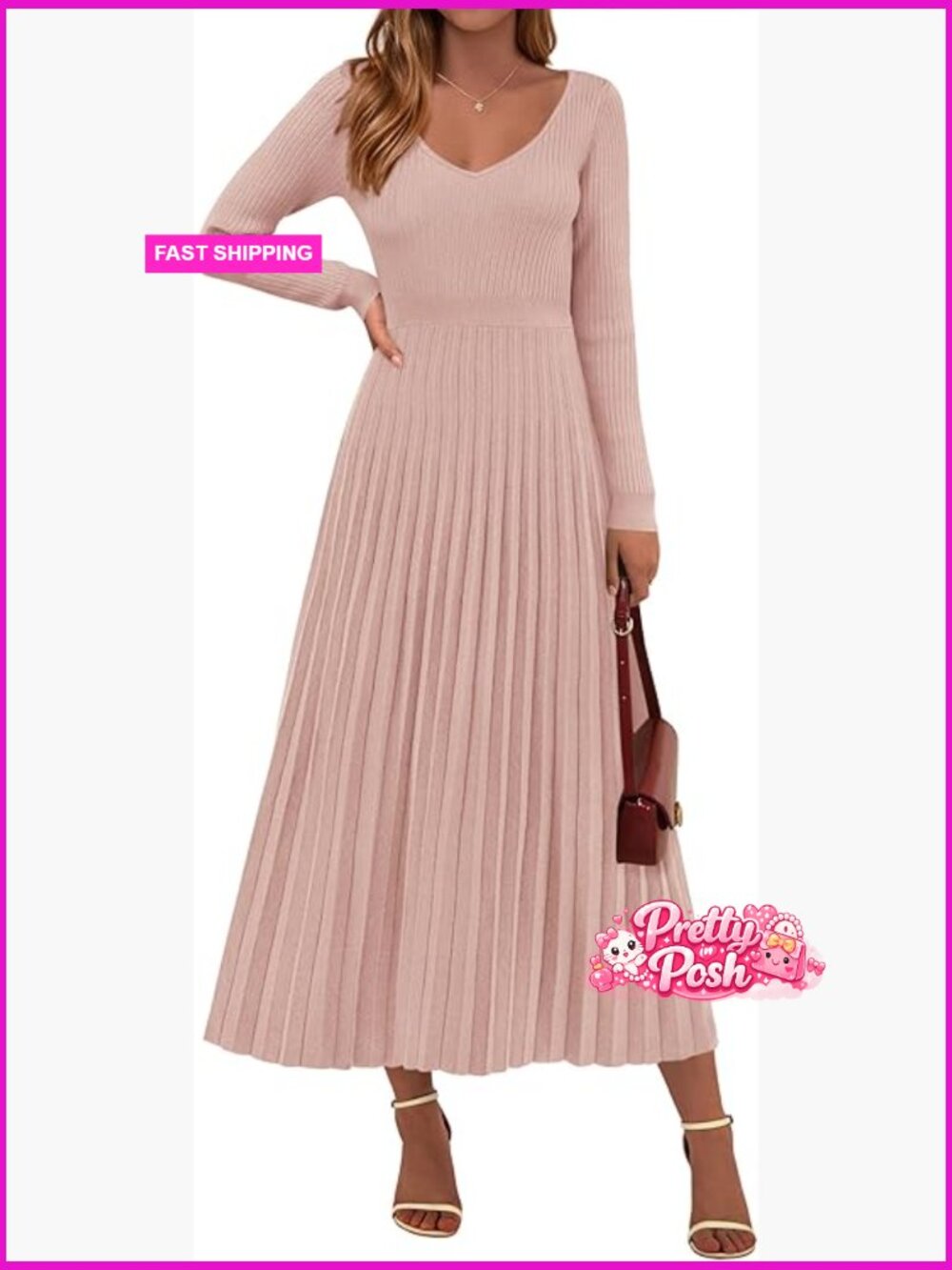 Long Sleeve V Neck Ribbed Knit Pleated A Line Maxi Sweater Dress